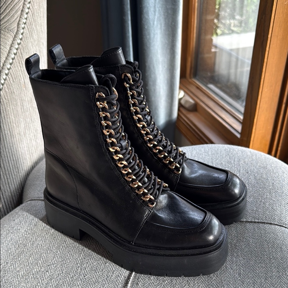 Sam Edelman Black Combat Moto Boots with Chain Detail